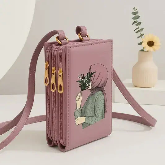 Elegant Mauve Crossbody Bag with Hijab Girl Design – Stylish Shoulder Bag for Women & Girls